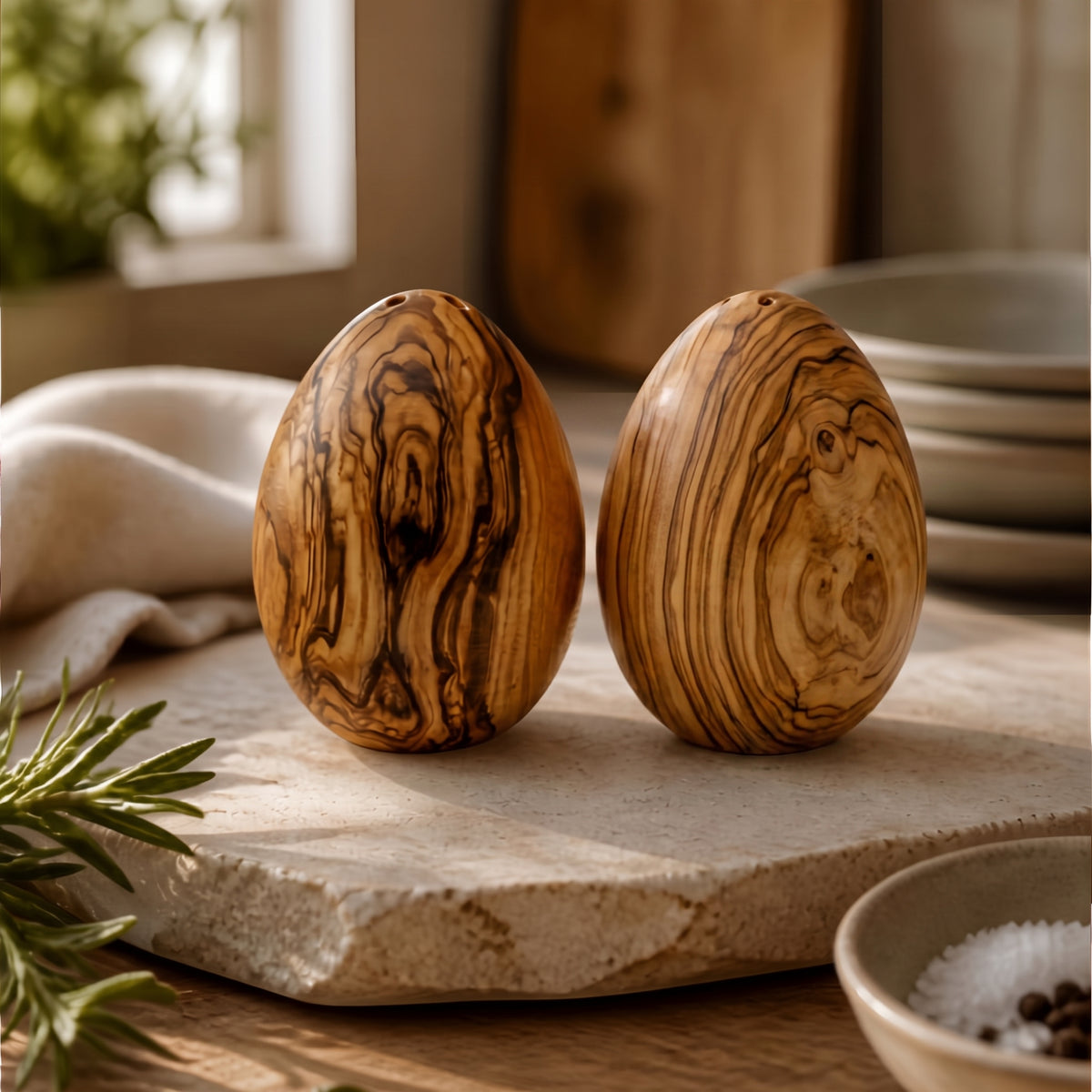 2-Pack Mediterranean Olive Wood Salt & Pepper Egg-Shaped Shakers