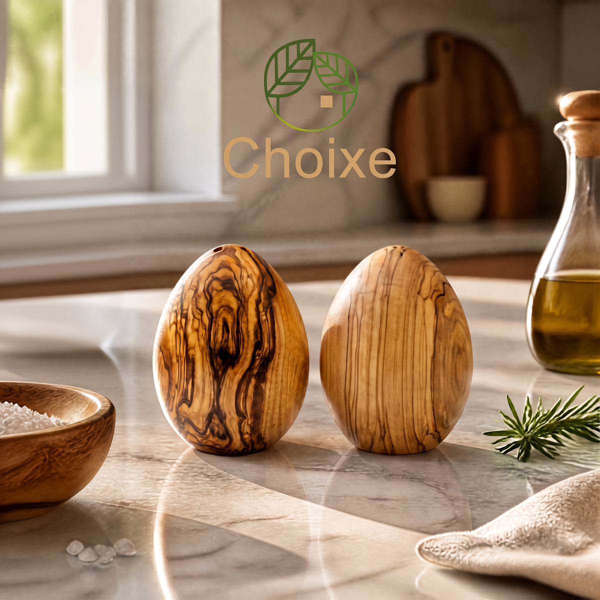 2-Pack Mediterranean Olive Wood Salt & Pepper Egg-Shaped Shakers